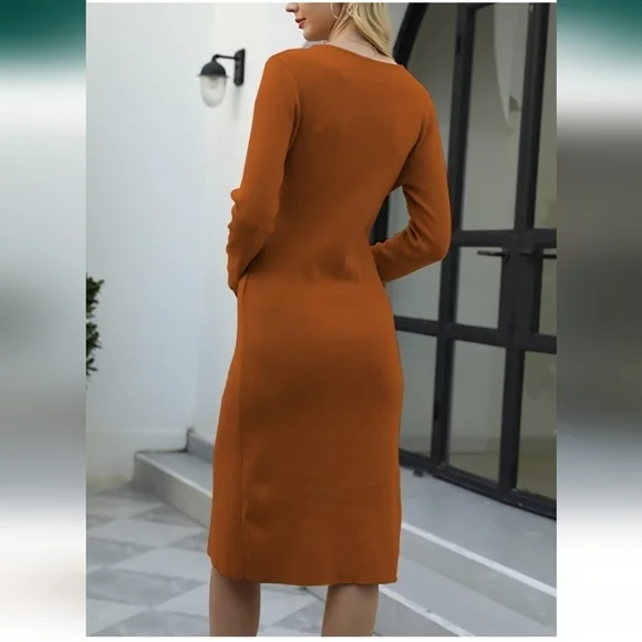 DEEP SELF Women's Rust Midi Sweater Dress V Neck  Long Sleeve Dress L - Picture 6 of 7